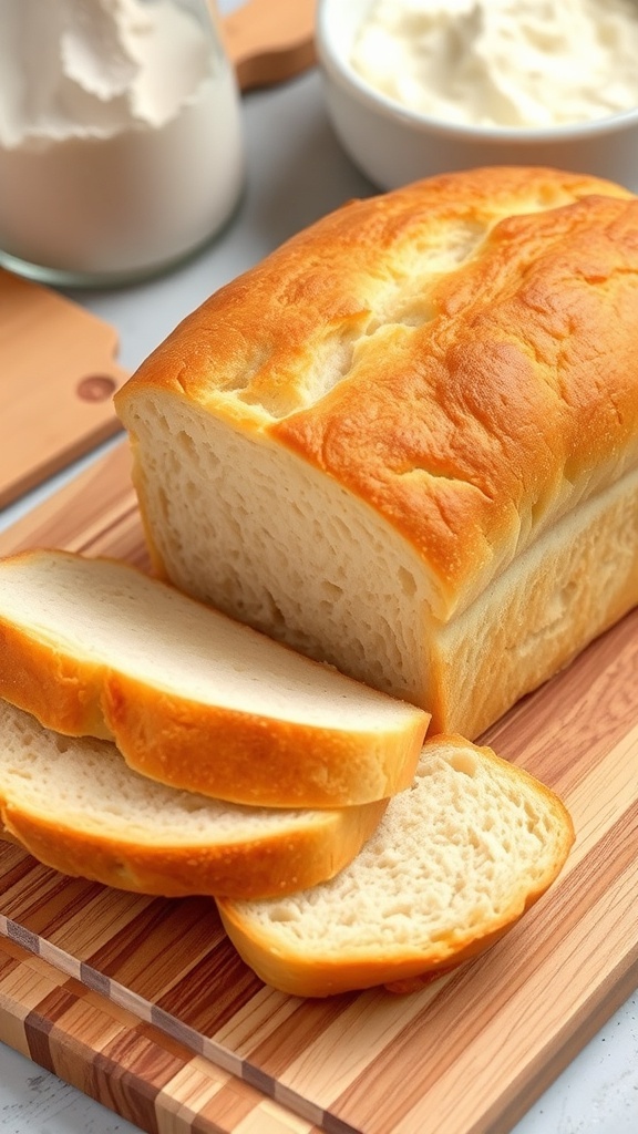 Hand-Kneaded Sandwich Bread Recipe Freshly baked sandwich bread loaf, sliced, on a wooden board with flour and yeast in the background.